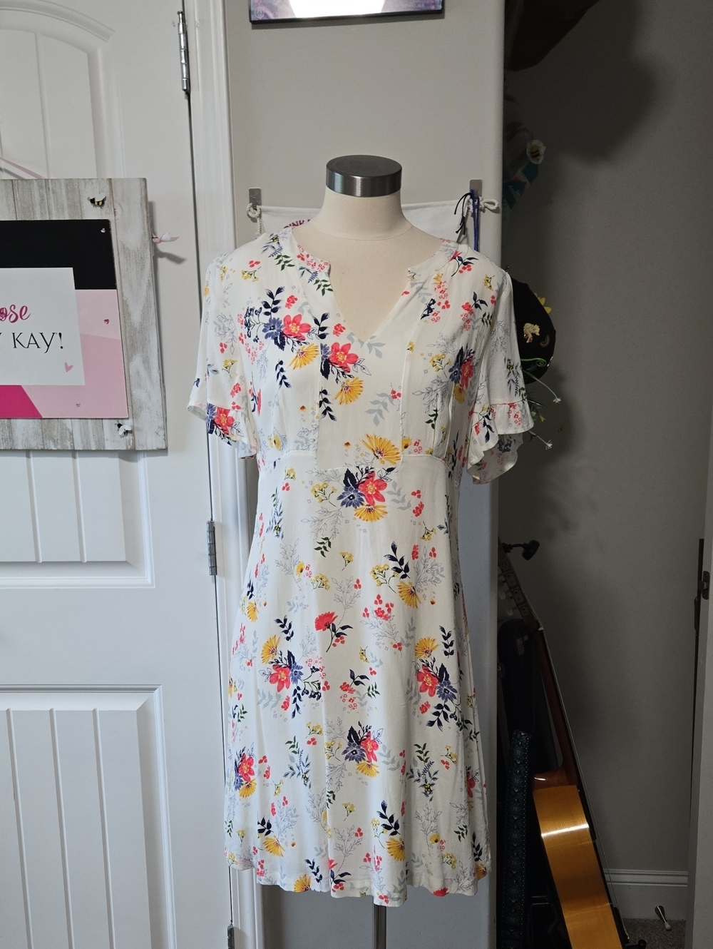 Lucky Brand White Floral Midi Dress with Pink, Yellow & Navy Accents